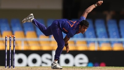Rajvardhan Hargargekar in his follow through. (Getty) Rajvardhan Hargargekar in his follow through. (Getty)