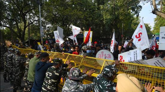 During a students’ protest for reopening on Tuesday. (Amal KS/HT)