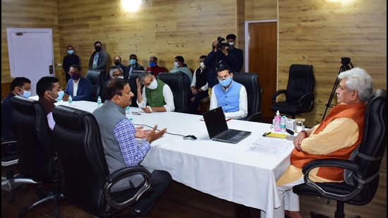 J&K Lieutenant Governor Manoj Sinha at the launch of rural homestay project in Jammu on Thursday. (ANI Photo)