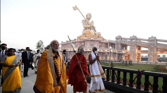 Prime Minister Narendra Modi during the inauguration of the Statue of Equality in Hyderabad. (ANI)