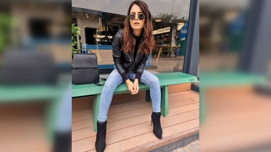 Here's another picture of Radhika Madan looking like a boss lady in a leather jacket, denims and black suede boots.(Instagram/@radhikamadan)