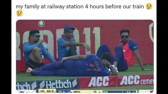 Rishabh Pant's photo while “chilling” on the boundary ropes with Deepak Chahar and the support staff after his dismissal went viral and resulted in a plethora of memes.(@BrahmaandKiMaa/Twitter) Rishabh Pant's photo while “chilling” on the boundary ropes with Deepak Chahar and the support staff after his dismissal went viral and resulted in a plethora of memes.(@BrahmaandKiMaa/Twitter)