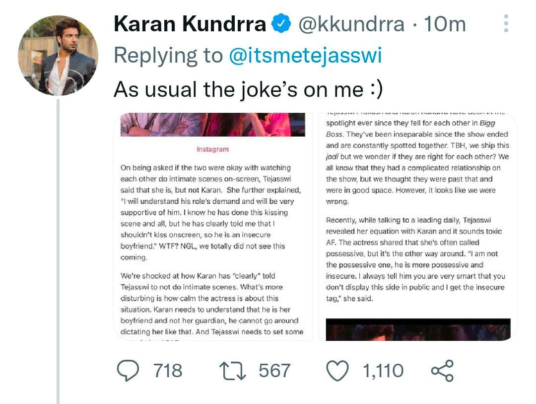 Karan Kundrra's tweet in response to Tejasswi, which was deleted later.