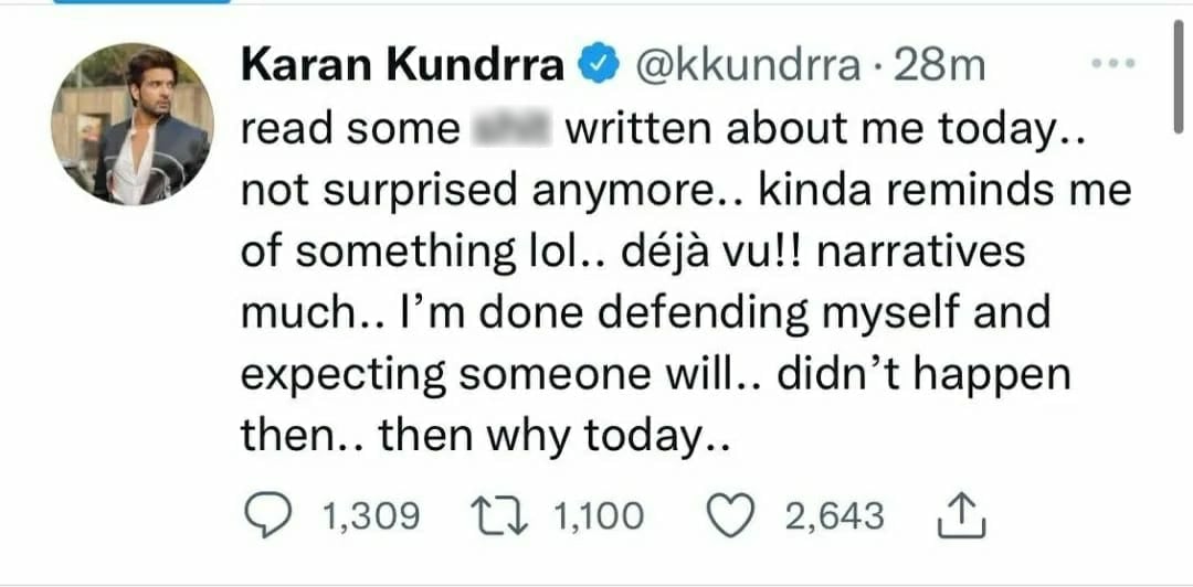 The now-deleted tweet from Karan Kundrra's account.