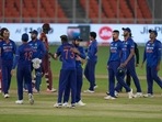 Indian players greet each other after their win in the third one-day international cricket match against West Indies(AP) Indian players greet each other after their win in the third one-day international cricket match against West Indies(AP)