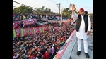 Samajwadi Party president Akhilesh Yadav waves at the people, during an election campaign rally, ahead of the second phase of the Uttar Pradesh assembly polls, in Rampur. (PTI) Samajwadi Party president Akhilesh Yadav waves at the people, during an election campaign rally, ahead of the second phase of the Uttar Pradesh assembly polls, in Rampur. (PTI)