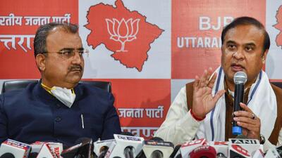 Assam CM and BJP leader Himanta Biswa Sarma with party leader and Bihar minister Mangal Pandey at a press conference, ahead of assembly polls, in Dehradun on Friday. (PTI PHOTO.) Assam CM and BJP leader Himanta Biswa Sarma with party leader and Bihar minister Mangal Pandey at a press conference, ahead of assembly polls, in Dehradun on Friday. (PTI PHOTO.)