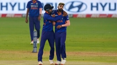 India's Mohammed Siraj, right, celebrates with teammate Shreyas Iyer after the dismissal of West Indies' Hayden Walsh during the third one day international cricket match between India and West Indies in Ahmedabad, India, Friday, Feb. 11, 2022. (AP Photo/Ajit Solanki) (AP) India's Mohammed Siraj, right, celebrates with teammate Shreyas Iyer after the dismissal of West Indies' Hayden Walsh during the third one day international cricket match between India and West Indies in Ahmedabad, India, Friday, Feb. 11, 2022. (AP Photo/Ajit Solanki) (AP)
