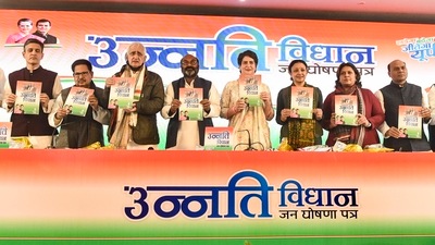 Congress general secretary Priyanka Gandhi Vadra releases party manifesto 'Unnati Vidhan Jan Ghoshna Patra' for the Uttar Pradesh Assembly elections. (PTI)