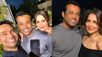 Kim Sharma and Leander Paes with Mushtaq Sheikh at a party the couple recently hosted.