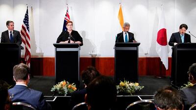 US Secretary of State Antony Blinken, Australian Foreign Minister Marise Payne, External Affairs Minister S Jaishankar and Japanese Foreign Minister Yoshimasa Hayashi during a press conference of the Quadrilateral Security Dialogue (Quad) foreign ministers in Melbourne, Australia on Friday. (REUTERS PHOTO.)