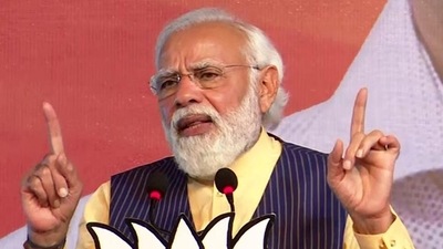 Prime Minister Narendra Modi addresses a public meeting ahead of Goa Assembly elections, at Mapusa, in North Goa on Thursday. (ANI PHOTO.) Prime Minister Narendra Modi addresses a public meeting ahead of Goa Assembly elections, at Mapusa, in North Goa on Thursday. (ANI PHOTO.)