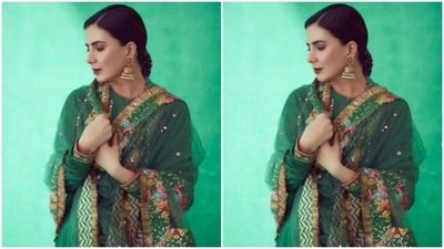 In a green full-sleeved kurta with zari and embroidered details at the cuffs, Kirti added a netted dupatta and looked just too beautiful. The dupatta came heavily embroidered near the borders in golden zari, stones and embroidery in colourful resham threads. (Instagram/@iamkirtikulhari)