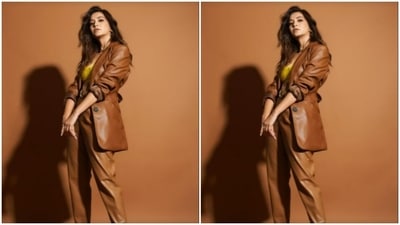 Kriti chose to go dapper in a vegan brown leather suit. (Instagram/@kriti.kharbanda)