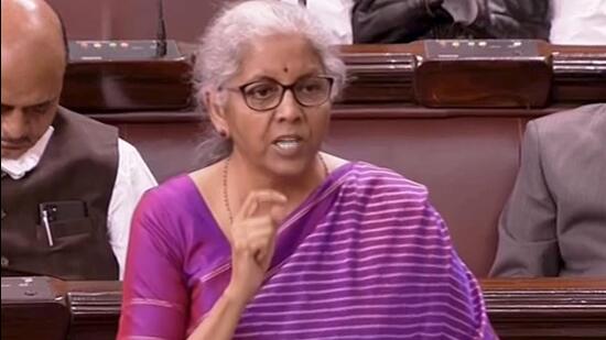 Union finance minister Nirmala Sitharaman in the Rajya Sabha, during ongoing Budget Session of Parliament, in New Delhi, on Friday. (PTI)