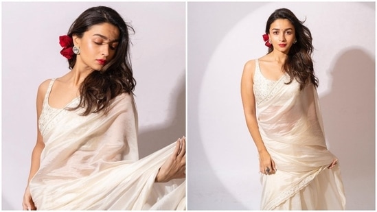 Alia Bhatt has been syncing her outfits with her film's character. In an earlier event, the Highway actor draped a gorgeous ivory saree by Punit Balana.(Instagram/@stylebyami)
