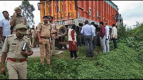 CBI officials inspect the site of accident in Raebareli on July 31, 2019. The Unnao rape survivor , her family and lawyer were travelling in a car which was hit by an overspeeding truck in Raebareli, killing two members and leaving the survivor and the advocate critically injured. (PTI)
