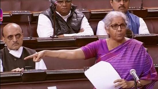 Finance minister Nirmala Sitharaman in the Rajya Sabha during the Budget Session of Parliament in New Delhi on Friday. (PTI)