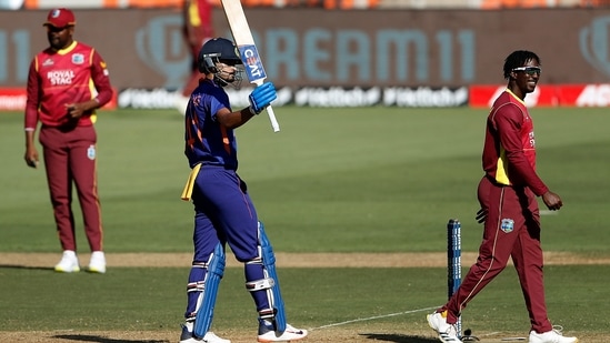 Ahmedabad, Feb 11 (ANI): India's Shreyas Iyer celebrates his half century during the 3rd ODI match between India and West Indies, at Narendra Modi Stadium in Ahmedabad on Friday. (ANI Photo) (ANI)