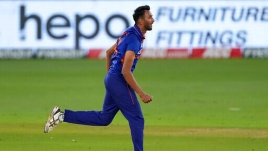 India's Prasidh Krishna celebrates the dismissal of West Indies' Jason Holder during the third one day international cricket match between India and West Indies in Ahmedabad, India, Friday, Feb. 11, 2022. (AP Photo/Ajit Solanki)(AP)