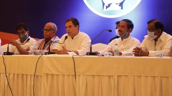 Congress leader Rahul Gandhi addresses a press conference in Margao, Goa, along with other party leaders.(Twitter/@INCIndia)