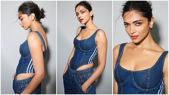 Deepika Padukone grabbed eyeballs as she promoted Gehraiyaan in denim bodysuit from Adidas X Ivy Park collection and low waist printed joggers.(Instagram/@shaleenanathani)