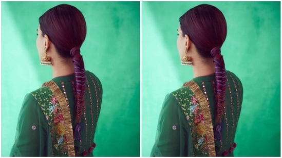 Styled by fashion stylist Radhika Mehra, Kirti wore her hair into a clean braid wrapped with lavender zari.(Instagram/@iamkirtikulhari)