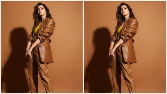 Kriti chose to go dapper in a vegan brown leather suit.(Instagram/@kriti.kharbanda)