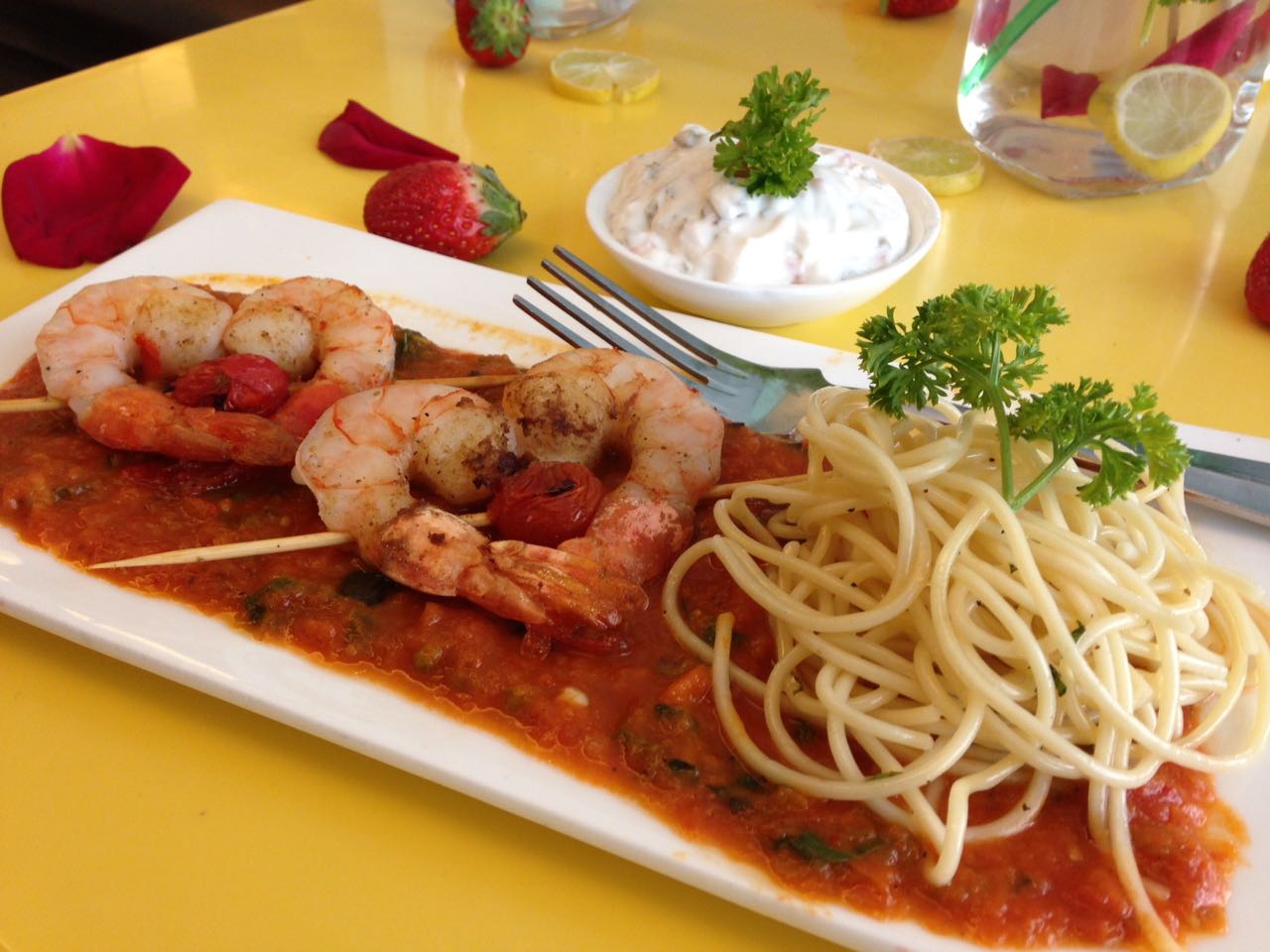 Heart shaped prawns with spaghetti in tomato sauce&nbsp;(Chef Jerson Fernandes)