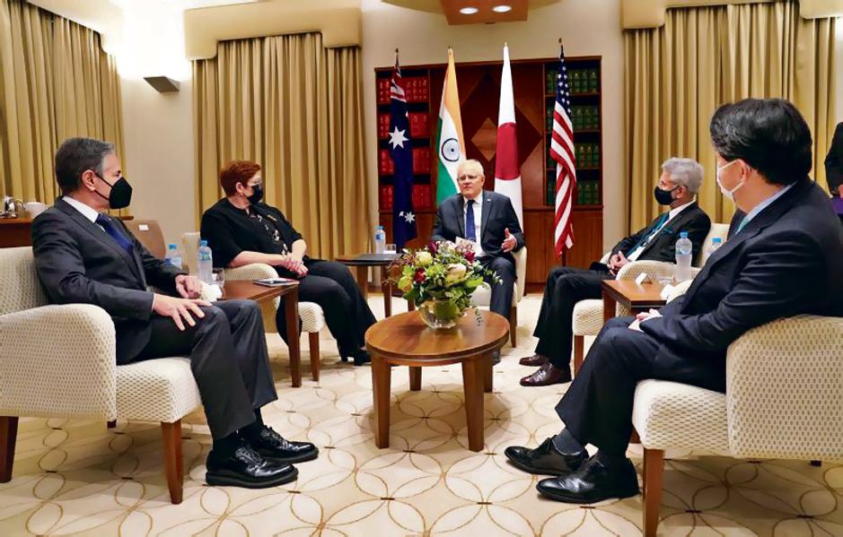 Australian Prime Minister Scott Morrison meets with US secretary of state Antony Blinken, Japanese foreign minister Yoshimasa Hayashi, Australian foreign minister Marise Payne and Indian foreign minister Subrahmanyam Jaishankar at the Quad meeting of foreign ministers in Melbourne, Australia, February 11, 2022. (REUTERS/Kevin Lamarque/POOL)