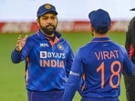 Rohit Sharma, Virat Kohli celebrate India's win in the third ODI against West Indies.(PTI)