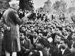 A party of 800 Students of Banaras University meet India's first Prime Minister Jawaharlala Nehru at the International Engineering Exhibition in Delhi.