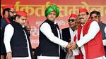 Samajwadi Party chief Akhilesh Yadav at a party meeting for the UP polls in Budaun on Saturday. (ANI Photo)