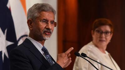 India’s external affairs minister S Jaishankar and Australia's minister for foreign affairs Marise Payne (R) at a press conference following a bilateral meeting during the Quadrilateral Security Dialogue (Quad) in Melbourne on Saturday (AFP)