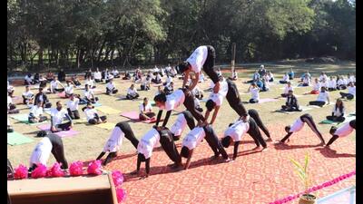 Participants demonstrating various yoga poses during the event organised at Government College of Yoga Education and Health, Chandigarh, on Saturday. (HT Photo)