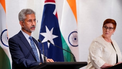 Australian foreign minister Marise Payne listens to external affairs minister S Jaishankar at a press conference after a Quad meet. (Reuters)