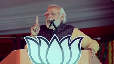 “Earlier, the districts were identified by the mafias. Adityanath changed that. These districts now are known by the products they produce under the ‘One-District-One-Product’ scheme,” Prime Minister Narendra Modi said. (Twitter/@BJPLive) “Earlier, the districts were identified by the mafias. Adityanath changed that. These districts now are known by the products they produce under the ‘One-District-One-Product’ scheme,” Prime Minister Narendra Modi said. (Twitter/@BJPLive)