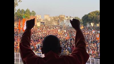 Chief minister Yogi Adityanath addressing a rally on Saturday. (HT PHOTO)