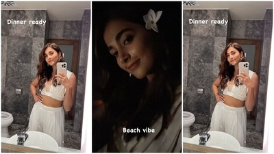 Pooja also took to her Instagram stories to reveal her all-white glam look for the birthday celebrations and captioned the two posts, "Dinner ready" and "Beach vibe." The star chose an all-white look to mark her mother's special day. Her ensemble includes a sleeveless bralette-style top featuring a sheer panel on the front, pleated details all over, a bodycon silhouette, and a cropped hem length that flaunted her toned midriff. (Instagram/@hegdepooja) Pooja also took to her Instagram stories to reveal her all-white glam look for the birthday celebrations and captioned the two posts, "Dinner ready" and "Beach vibe." The star chose an all-white look to mark her mother's special day. Her ensemble includes a sleeveless bralette-style top featuring a sheer panel on the front, pleated details all over, a bodycon silhouette, and a cropped hem length that flaunted her toned midriff. (Instagram/@hegdepooja)