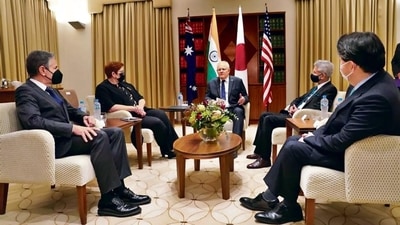Australian Prime Minister Scott Morrison meets with US secretary of state Antony Blinken, Japanese foreign minister Yoshimasa Hayashi, Australian foreign minister Marise Payne and Indian foreign minister Subrahmanyam Jaishankar at the Quad meeting of foreign ministers in Melbourne, Australia. (Reuters) Australian Prime Minister Scott Morrison meets with US secretary of state Antony Blinken, Japanese foreign minister Yoshimasa Hayashi, Australian foreign minister Marise Payne and Indian foreign minister Subrahmanyam Jaishankar at the Quad meeting of foreign ministers in Melbourne, Australia. (Reuters)