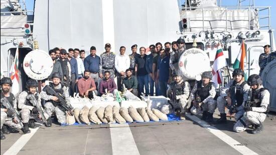 The NCB found 525 kg of very high-quality hashish and 234 kg of finest quality crystal Methamphetamine, which officials said cost around <span class='webrupee'>₹</span>2,000 crore in the international market, from the boat. (SOURCED.)