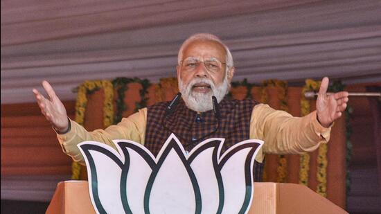 Kannauj: Prime Minister Narendra Modi addresses a public rally, ahead of the second phase of UP Assembly polls, in Kannauj, Saturday, Feb. 12, 2022. (PTI Photo)(PTI02_12_2022_000109A) (PTI)