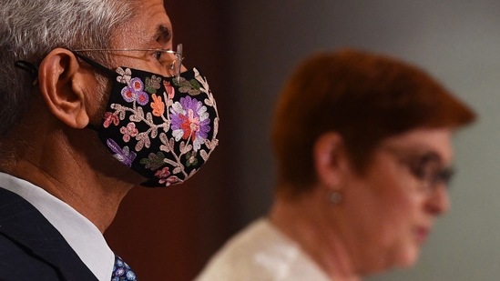 India's Foreign Minister Subrahmanyam Jaishankar (L) wears a face mask as he and Australia's Minister for Foreign Affairs Marise Payne (R) attend a press conference following a bilateral meeting during the Quadrilateral Security Dialogue (Quad) in Melbourne.(AFP) India's Foreign Minister Subrahmanyam Jaishankar (L) wears a face mask as he and Australia's Minister for Foreign Affairs Marise Payne (R) attend a press conference following a bilateral meeting during the Quadrilateral Security Dialogue (Quad) in Melbourne.(AFP)