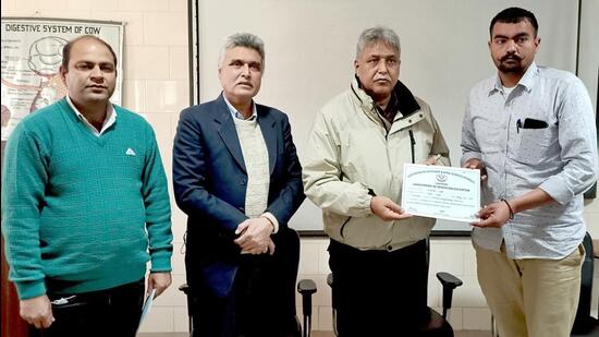 The trainees were given basic theoretical as well as practical knowledge about starting a new venture in dairy farming at the session held at GADVASU in Ludhiana. (Gurpreet Singh/HT)