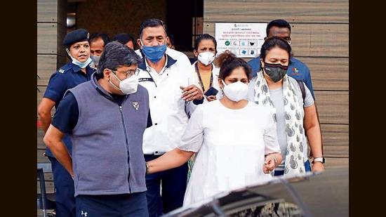 Sunaina, daughter of Rahul Bajaj, industrialist and former chairman of Bajaj Group, outside Ruby Hall Clinic, on Saturday. (Rahul Raut/HT Photo)