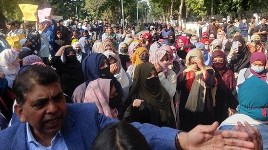 Students taking out a protest march against Hijab row on AMU campus on Friday. (HT Photo)