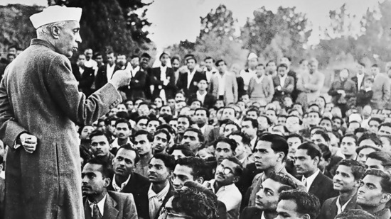 A party of 800 Students of Banaras University meet India's first Prime Minister Jawaharlala Nehru at the International Engineering Exhibition in Delhi.