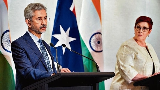 Australian foreign minister Marise Payne listens to Indian foreign minister Subrahmanyam Jaishankar at a press conference after a meeting of the Quadrilateral Security Dialogue (Quad) foreign ministers in Melbourne, Australia, on Saturday, February 12, 2022. (REUTERS/Sandra Sanders)