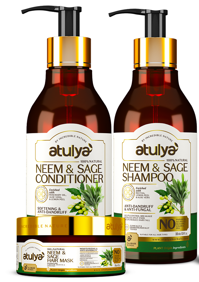 Neem & Sage shampoo, conditioner, and hair mask combo by ATULYA gives a soothing sensation that leaves your scalp and hair feeling clean and fresh Neem & Sage shampoo, conditioner, and hair mask combo by ATULYA gives a soothing sensation that leaves your scalp and hair feeling clean and fresh