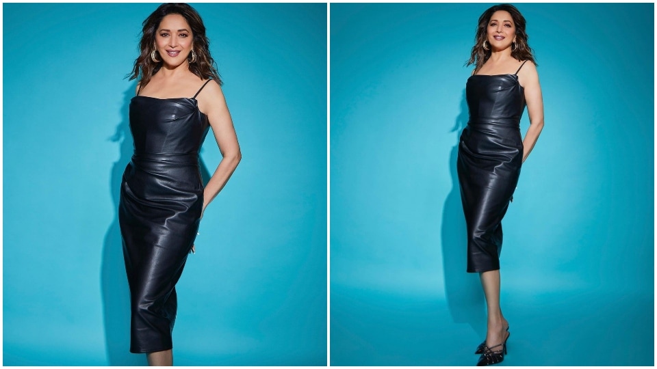 Madhuri Dixit keeps it ultra classy and chic in vegan leather dress.&nbsp;